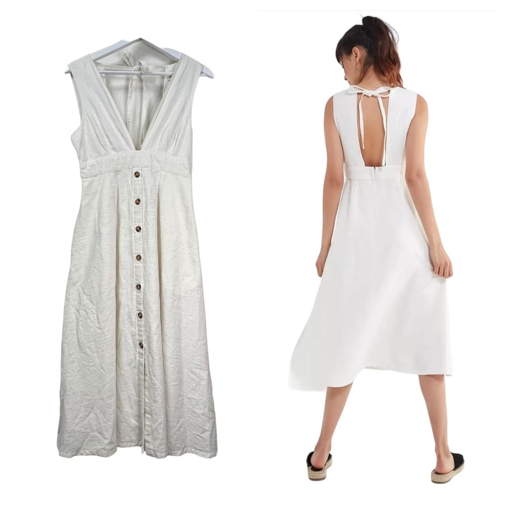 Urban Outfitters Midi Plunge Dress Size 2 Off White Cotton Woven Pockets Buttons